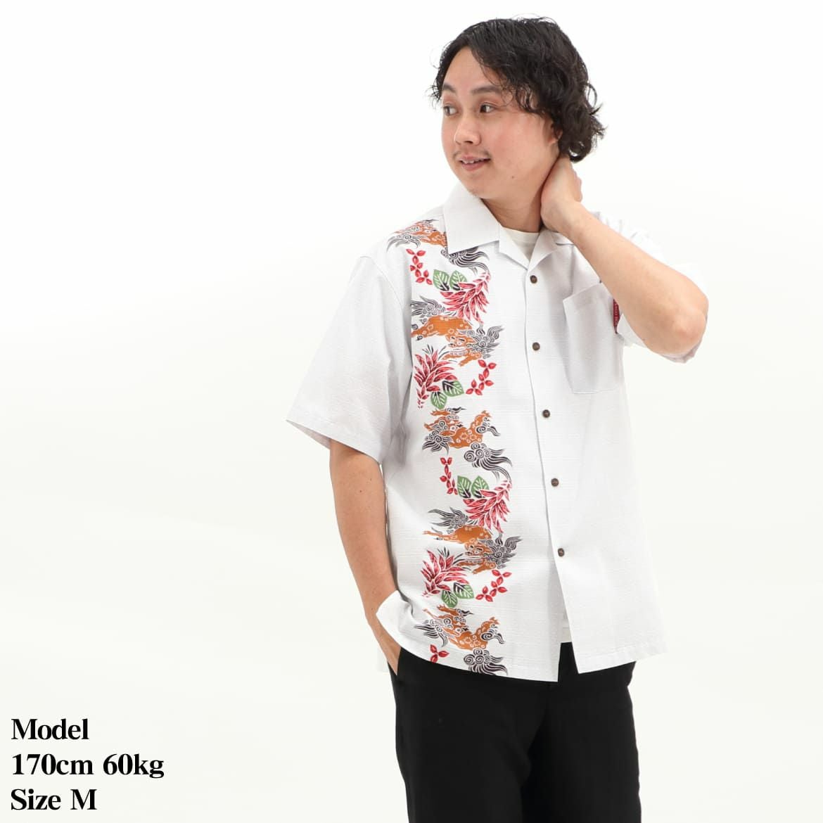 シーサー柄シーサーデイゴボーダー かりゆしウェア 沖縄 アロハシャツ