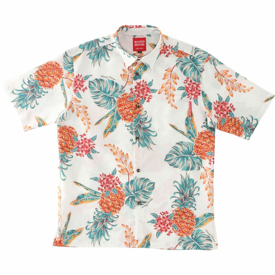 沖縄マンゴハウスのパイナップル柄かりゆしウェア全5色（アイボリー）のデザイン紹介｜南国リゾート風アロハシャツ