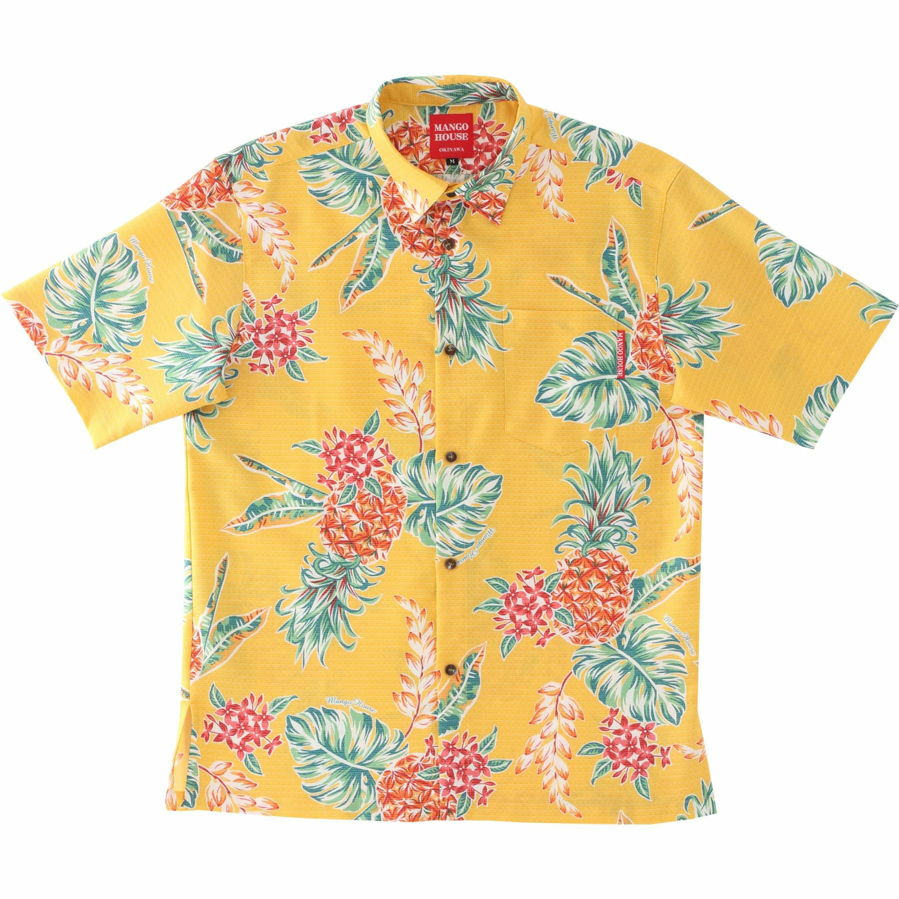 沖縄マンゴハウスのパイナップル柄かりゆしウェア全5色（イエロー）のデザイン紹介｜南国リゾート風アロハシャツ