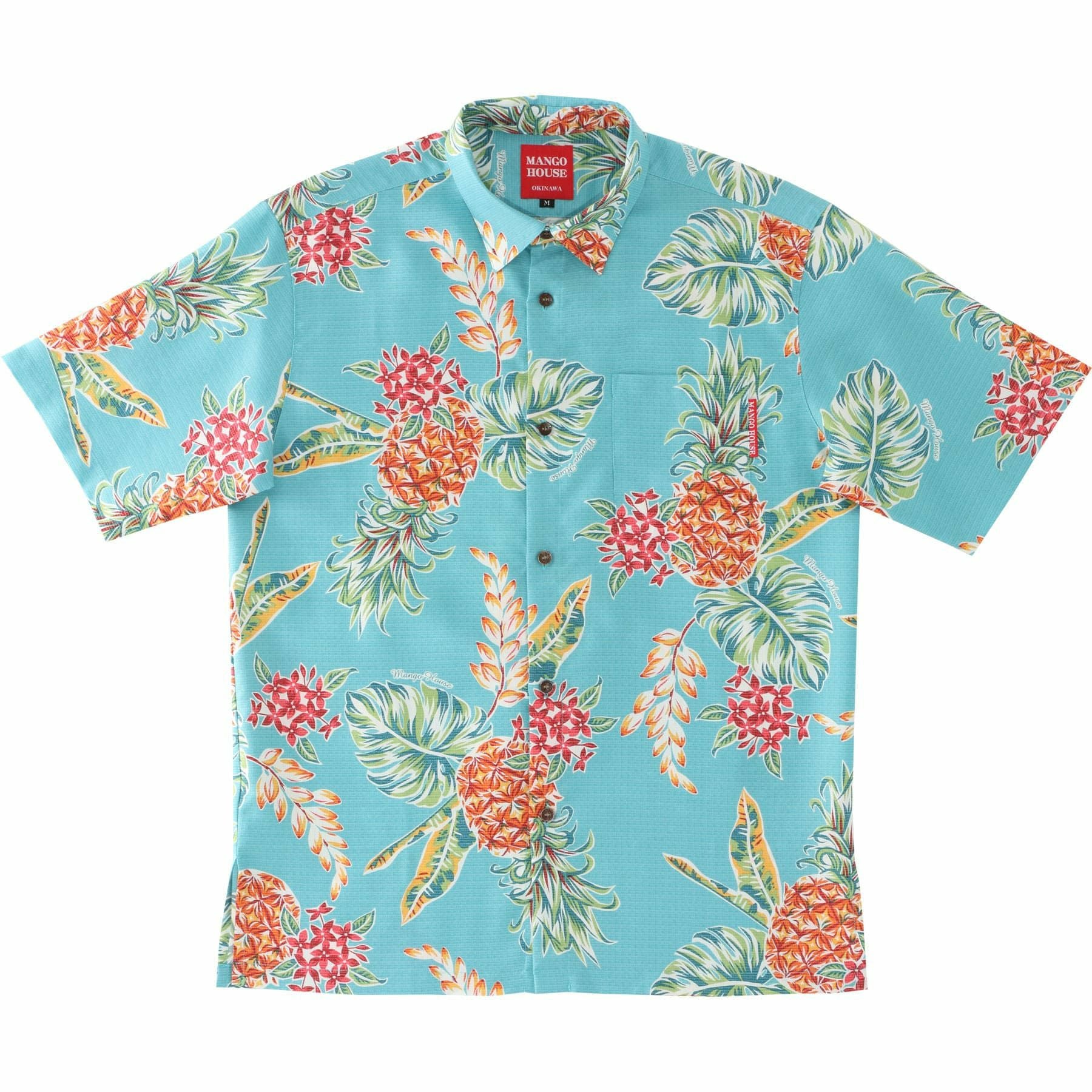 沖縄マンゴハウスのパイナップル柄かりゆしウェア全5色（ターコイズブルー）のデザイン紹介｜南国リゾート風アロハシャツ