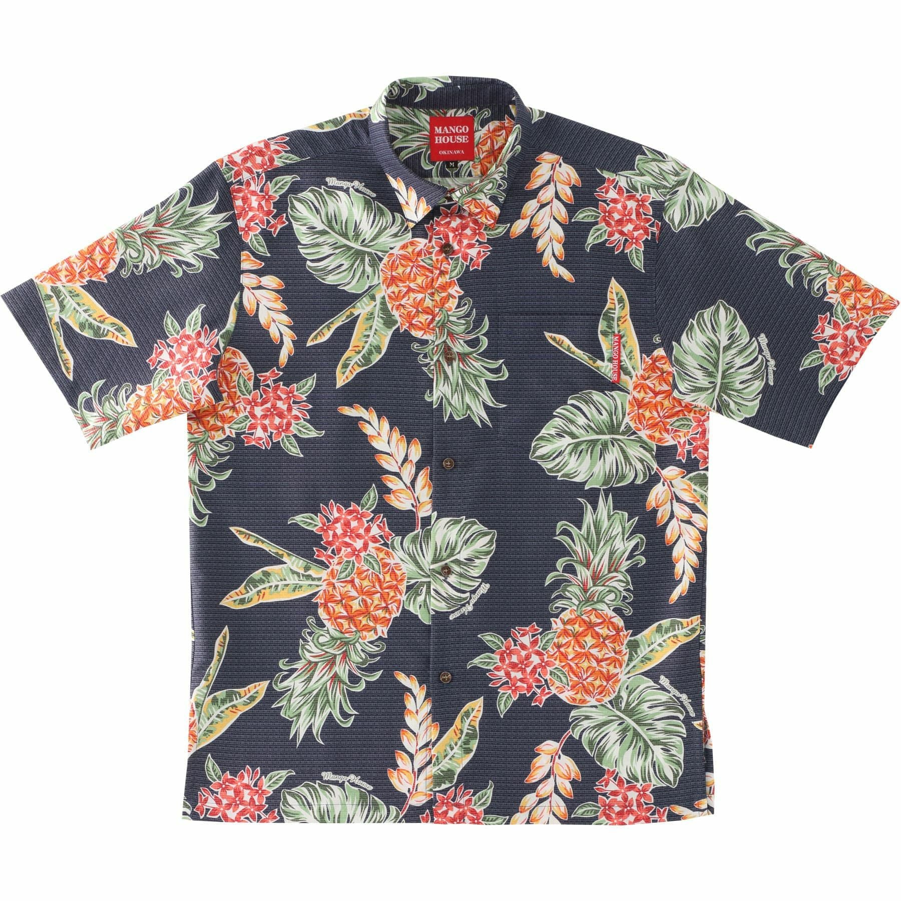 沖縄マンゴハウスのパイナップル柄かりゆしウェア全5色（ネイビー）のデザイン紹介｜南国リゾート風アロハシャツ