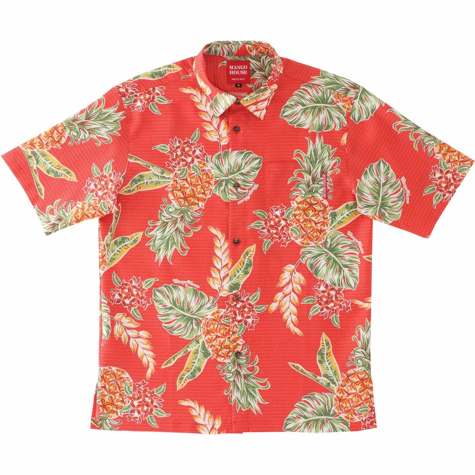 沖縄マンゴハウスのパイナップル柄かりゆしウェア全5色（レッド）のデザイン紹介｜南国リゾート風アロハシャツ