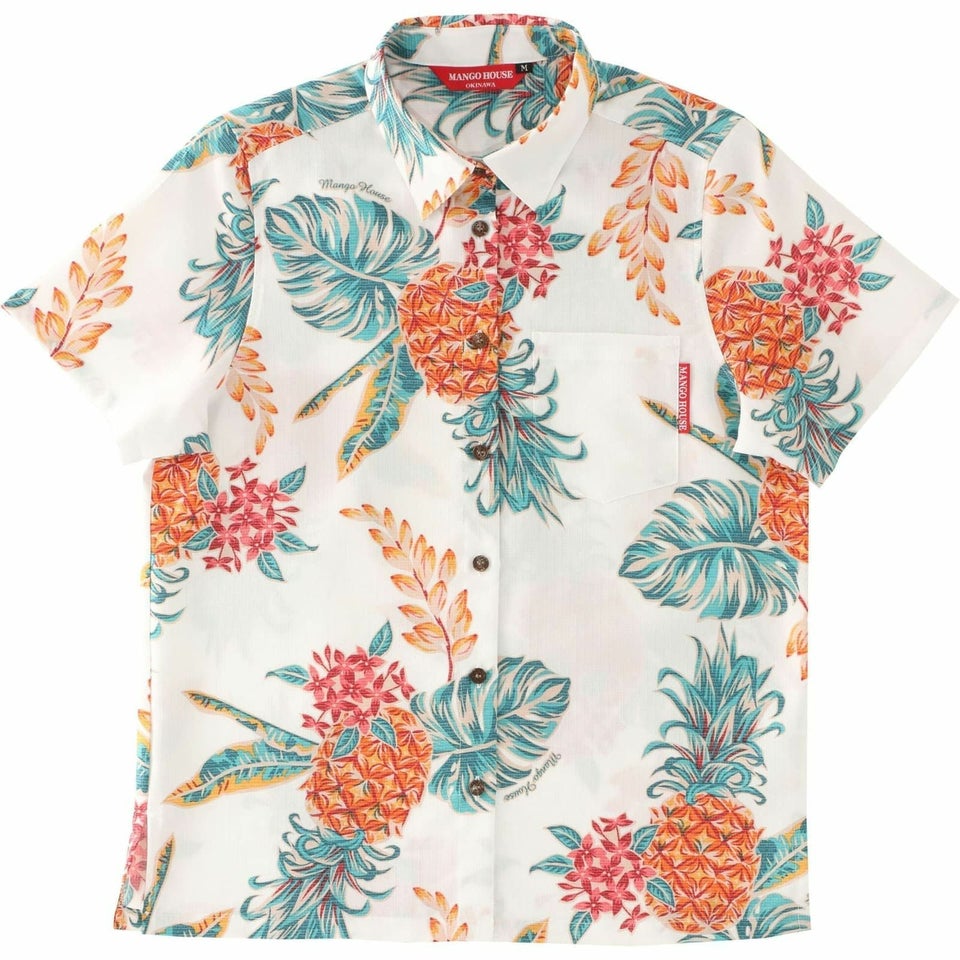 沖縄マンゴハウスのパイナップル柄かりゆしウェア全5色（アイボリー）のデザイン紹介｜南国リゾート風アロハシャツ
