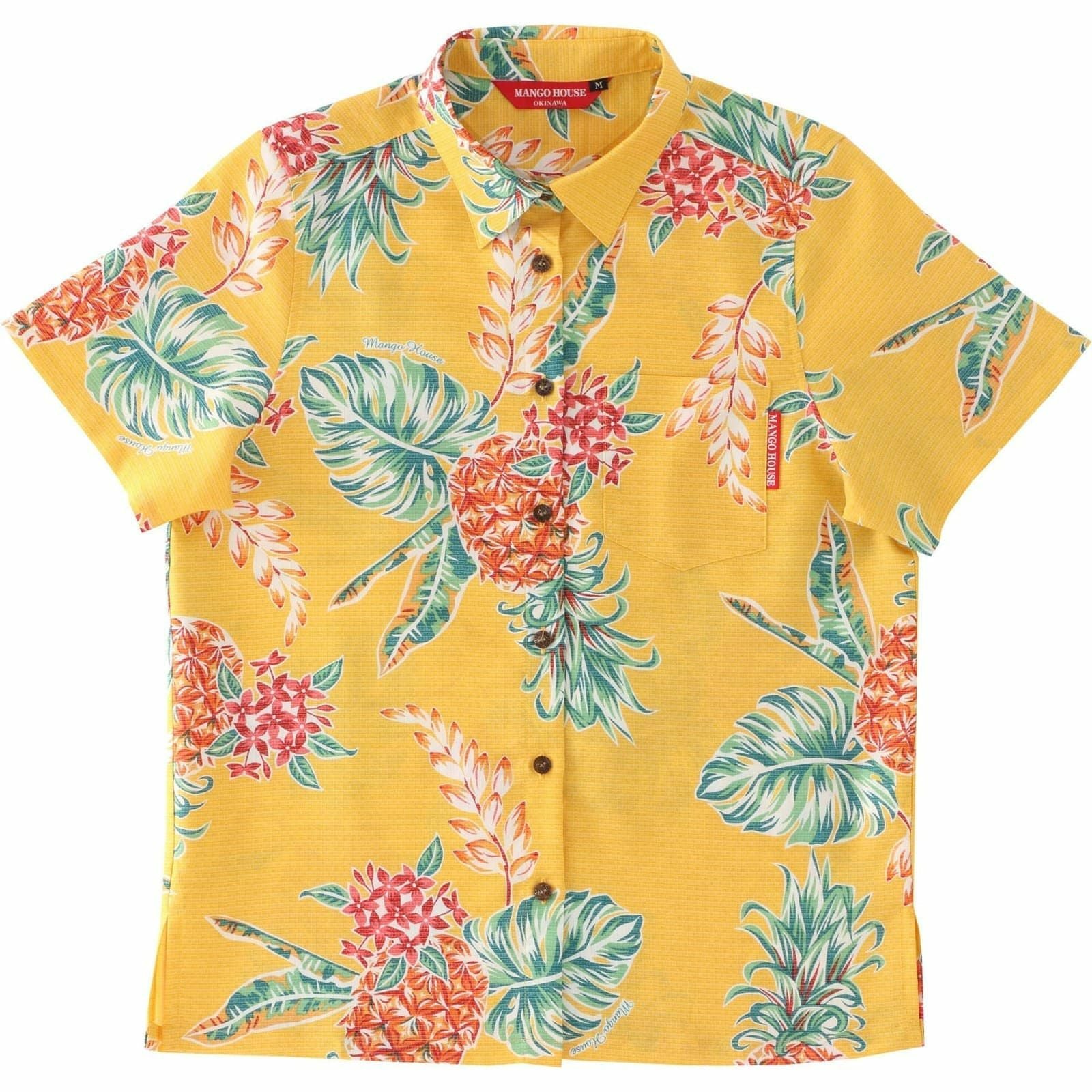 沖縄マンゴハウスのパイナップル柄かりゆしウェア全5色（イエロー）のデザイン紹介｜南国リゾート風アロハシャツ