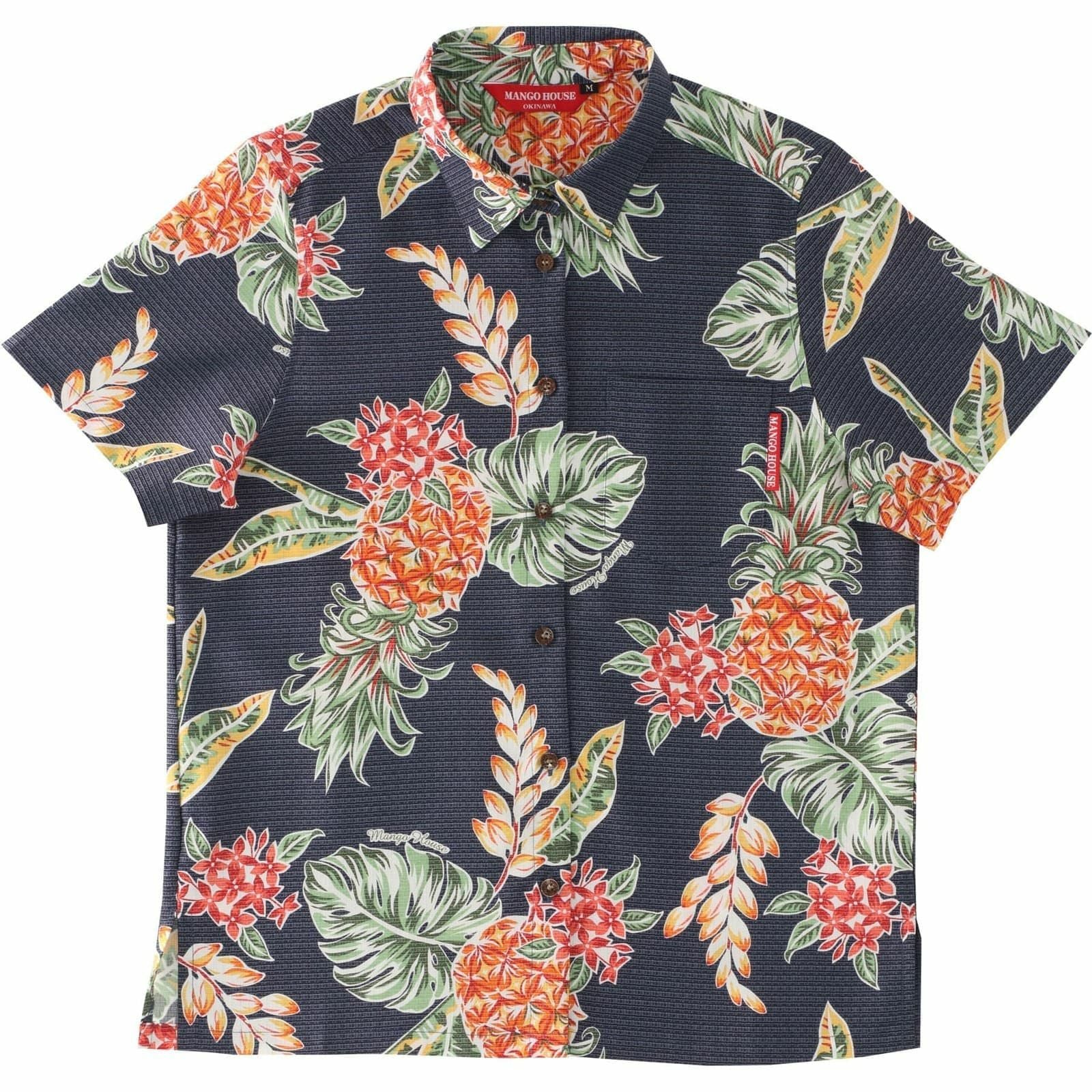 沖縄マンゴハウスのパイナップル柄かりゆしウェア全5色（ネイビー）のデザイン紹介｜南国リゾート風アロハシャツ