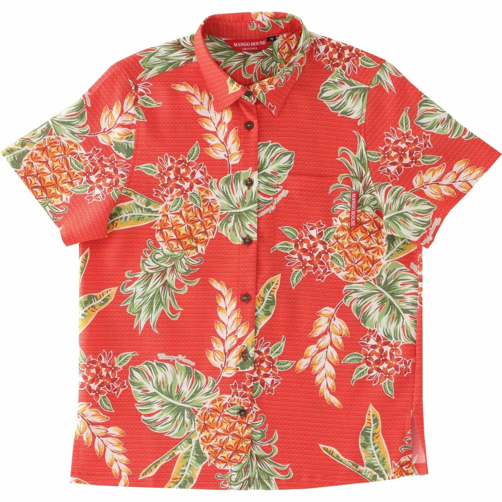 沖縄マンゴハウスのパイナップル柄かりゆしウェア全5色（レッド）のデザイン紹介｜南国リゾート風アロハシャツ