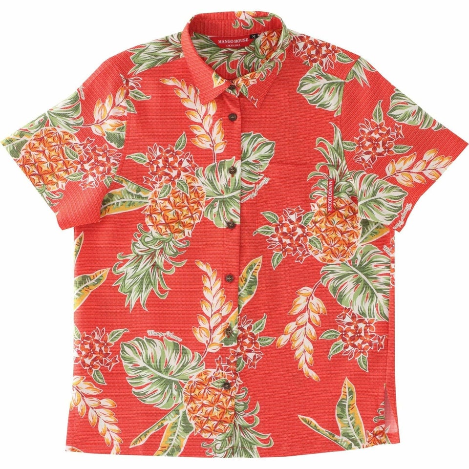沖縄マンゴハウスのパイナップル柄かりゆしウェア全5色（レッド）のデザイン紹介｜南国リゾート風アロハシャツ