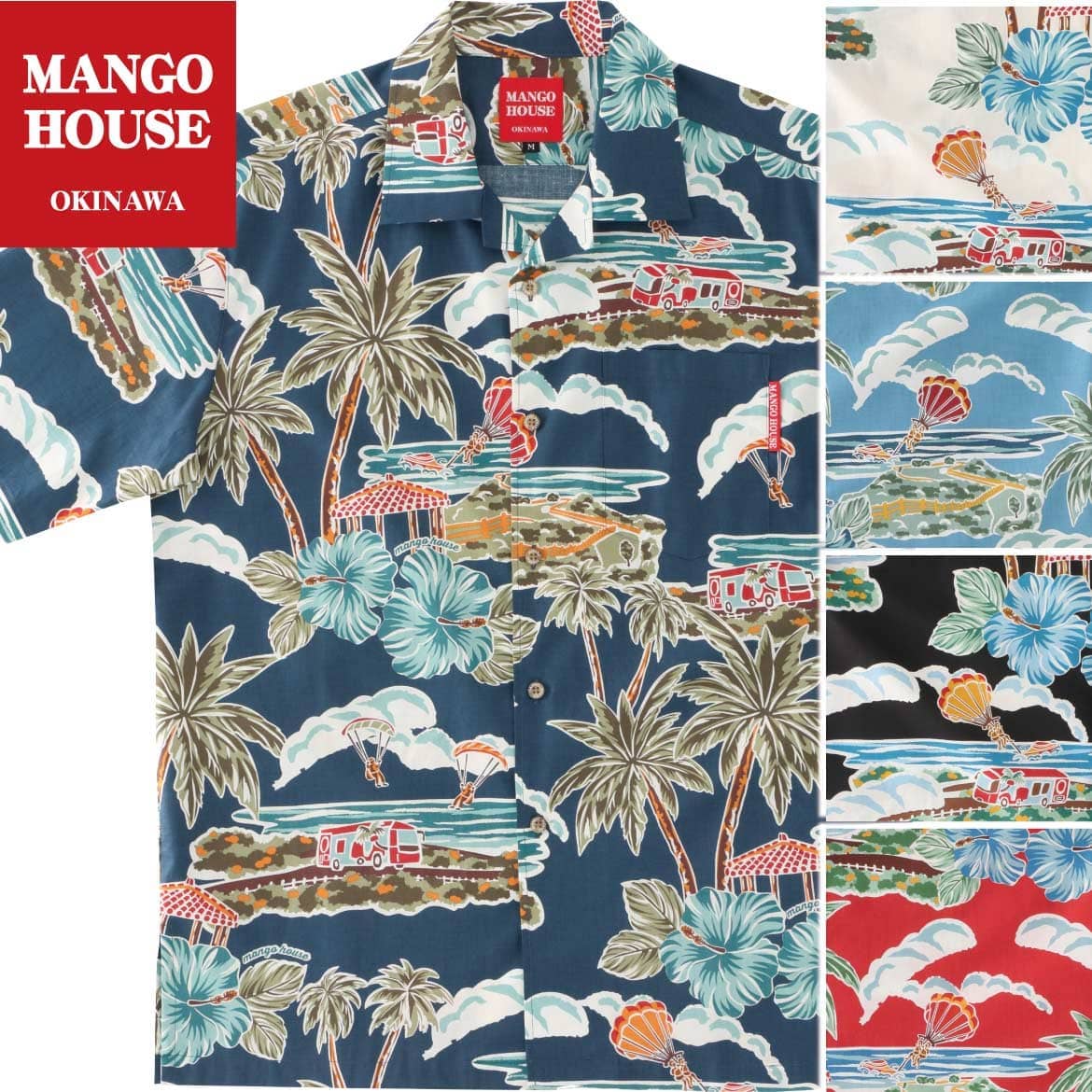 マンゴハウス かりゆしウェア 色展開 アイボリー・ネイビー・ブラック・レッド 南国リゾート柄 メンズシャツ