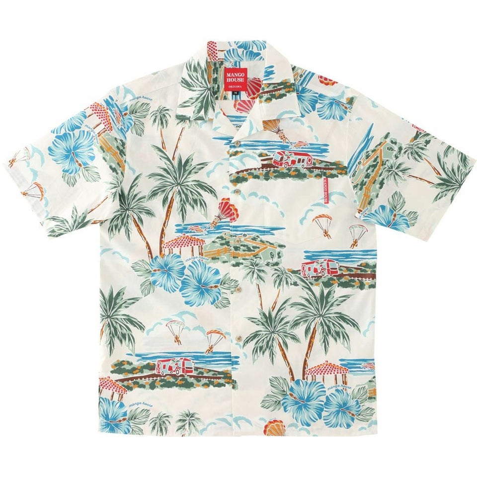 マンゴハウス かりゆしウェア 沖縄柄 アイボリー ハイビスカスとヤシの木デザイン メンズ開襟シャツ