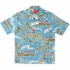 マンゴハウス かりゆしウェア 沖縄柄 ライトブルー ハイビスカスとヤシの木デザイン メンズ開襟シャツ