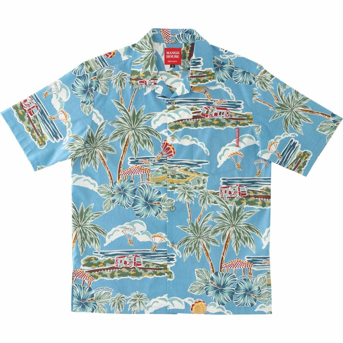マンゴハウス かりゆしウェア 沖縄柄 ライトブルー ハイビスカスとヤシの木デザイン メンズ開襟シャツ