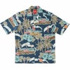 マンゴハウス かりゆしウェア 沖縄柄 ネイビー ハイビスカスとヤシの木デザイン メンズ開襟シャツ