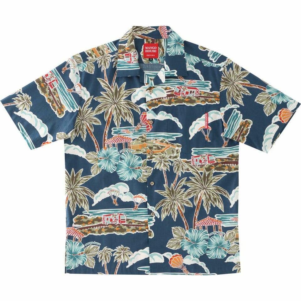 マンゴハウス かりゆしウェア 沖縄柄 ネイビー ハイビスカスとヤシの木デザイン メンズ開襟シャツ