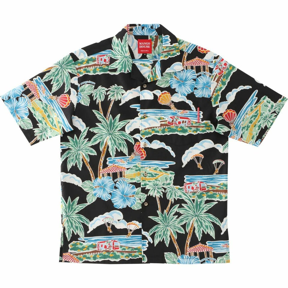 マンゴハウス かりゆしウェア 沖縄柄 ブラック ハイビスカスとヤシの木デザイン メンズ開襟シャツ