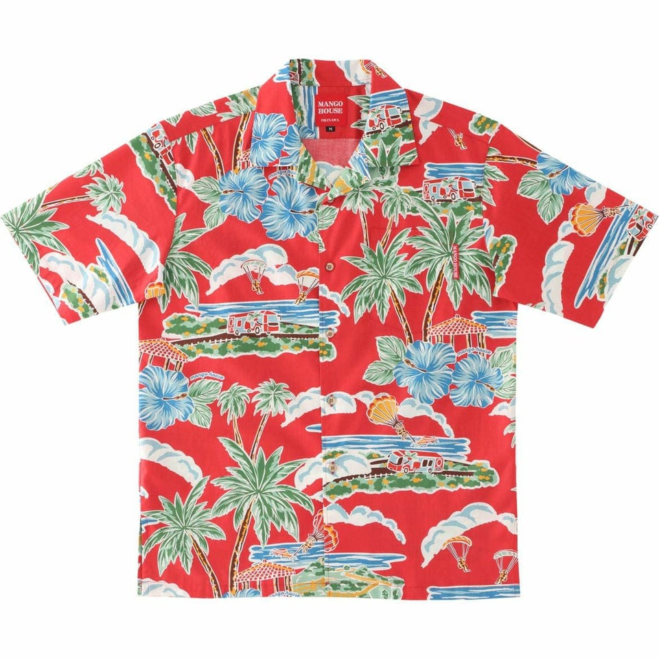 マンゴハウス かりゆしウェア 沖縄柄 レッド ハイビスカスとヤシの木デザイン メンズ開襟シャツ
