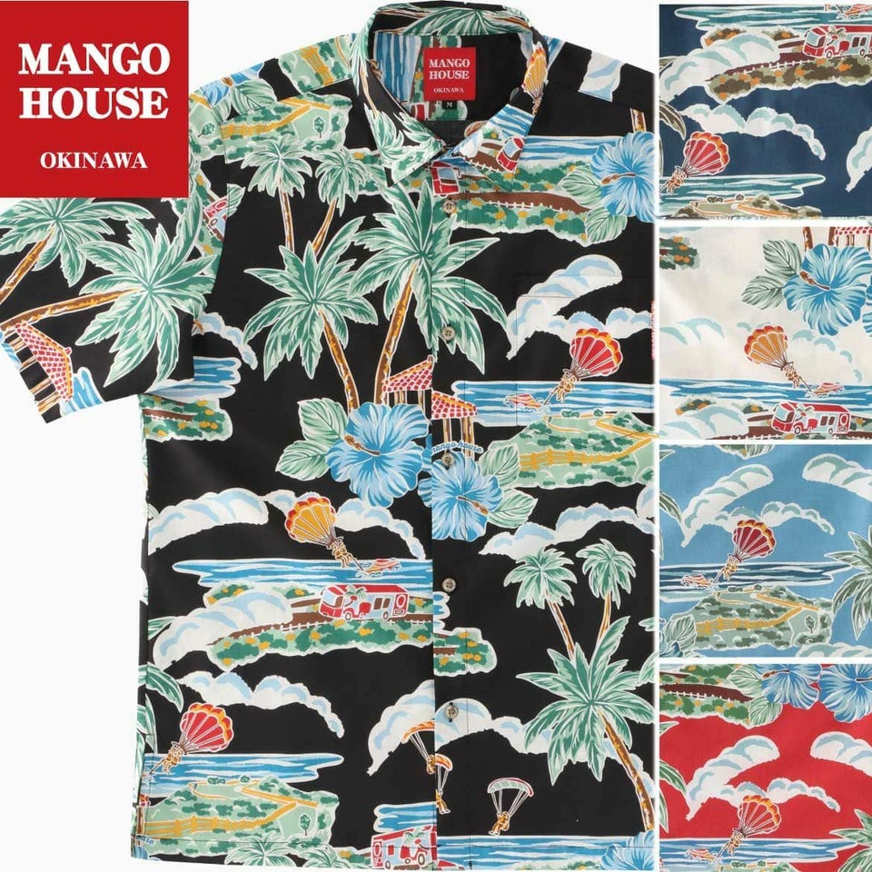 マンゴハウス かりゆしウェア 色展開 アイボリー・ネイビー・ブラック・レッド 南国リゾート柄 メンズシャツ