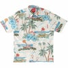 マンゴハウス かりゆしウェア 沖縄柄 アイボリー ハイビスカスとヤシの木デザイン メンズレギュラーカラーシャツ