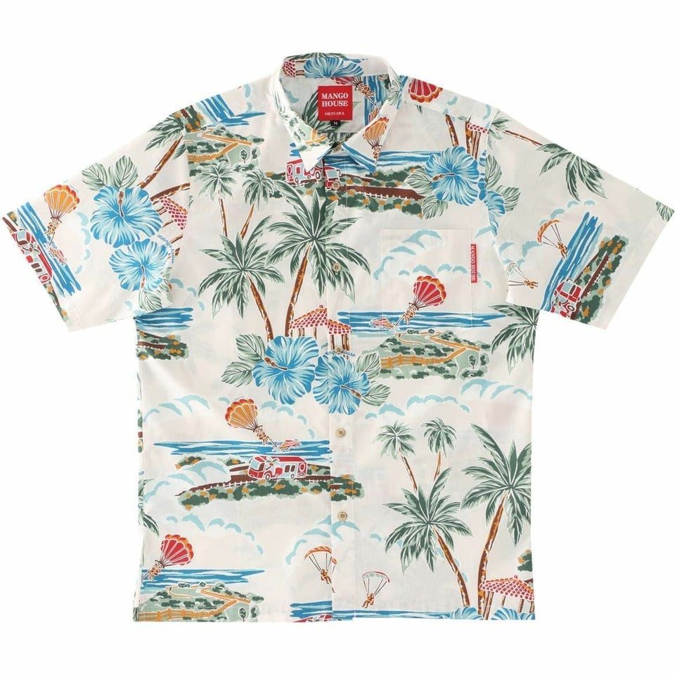 マンゴハウス かりゆしウェア 沖縄柄 アイボリー ハイビスカスとヤシの木デザイン メンズレギュラーカラーシャツ