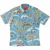 マンゴハウス かりゆしウェア 沖縄柄 ライトブルー ハイビスカスとヤシの木デザイン メンズレギュラーカラーシャツ