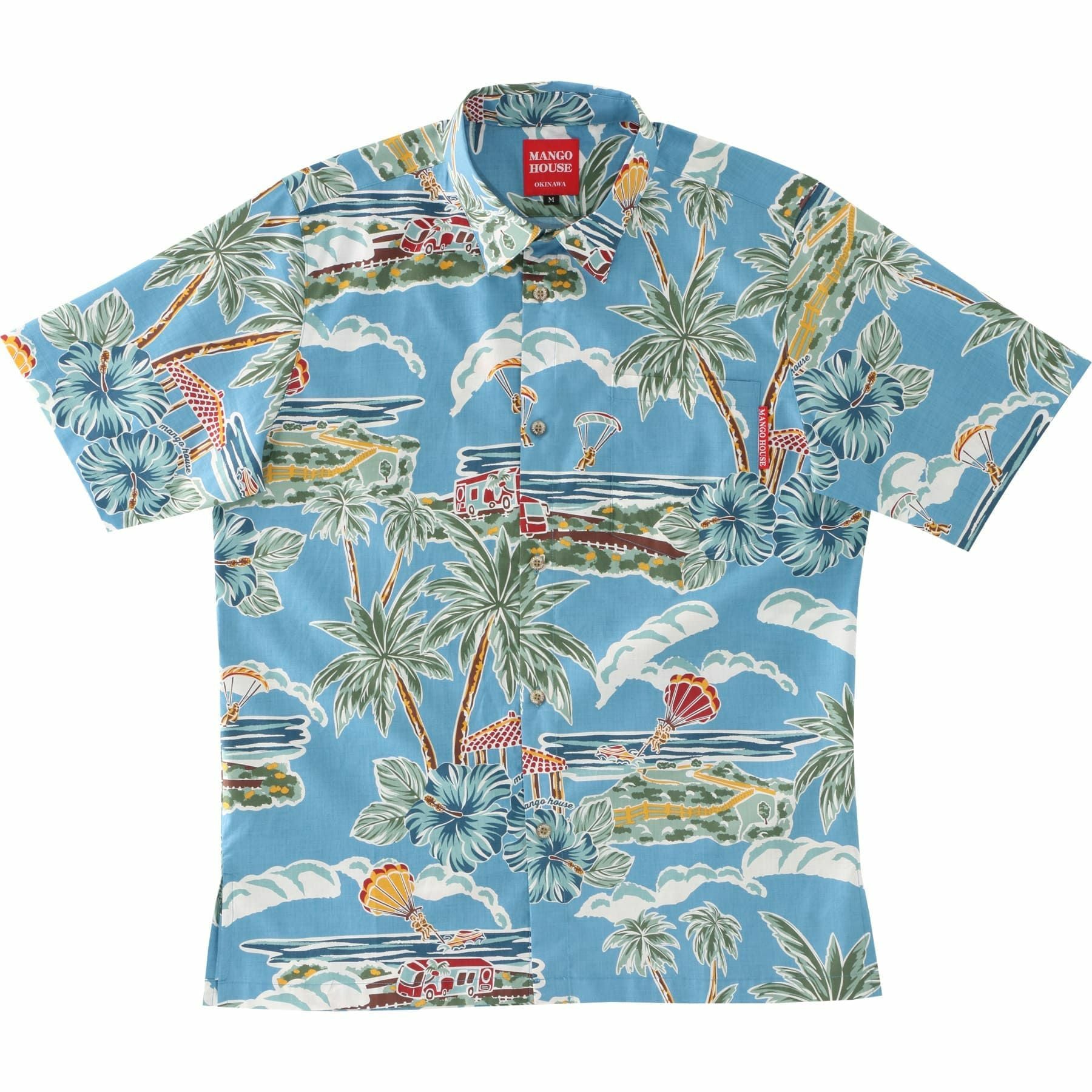 マンゴハウス かりゆしウェア 沖縄柄 ライトブルー ハイビスカスとヤシの木デザイン メンズレギュラーカラーシャツ