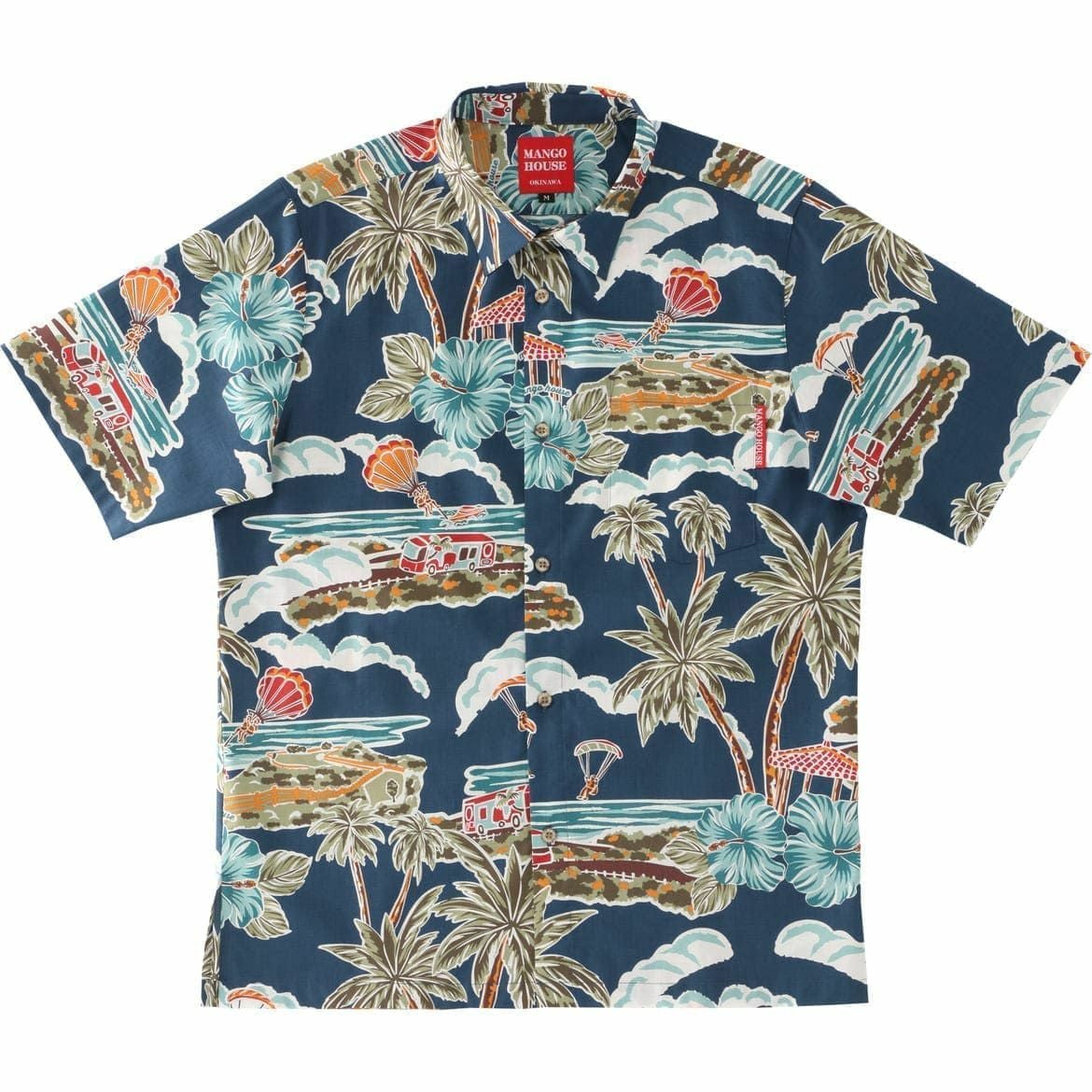マンゴハウス かりゆしウェア 沖縄柄 ネイビー ハイビスカスとヤシの木デザイン メンズレギュラーカラーシャツ