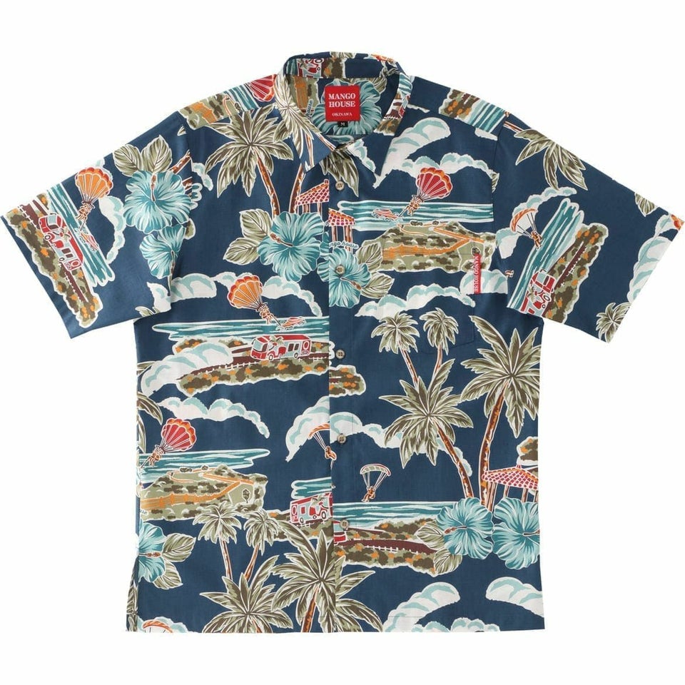 マンゴハウス かりゆしウェア 沖縄柄 ネイビー ハイビスカスとヤシの木デザイン メンズレギュラーカラーシャツ
