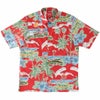 マンゴハウス かりゆしウェア 沖縄柄 レッド ハイビスカスとヤシの木デザイン メンズレギュラーカラーシャツ