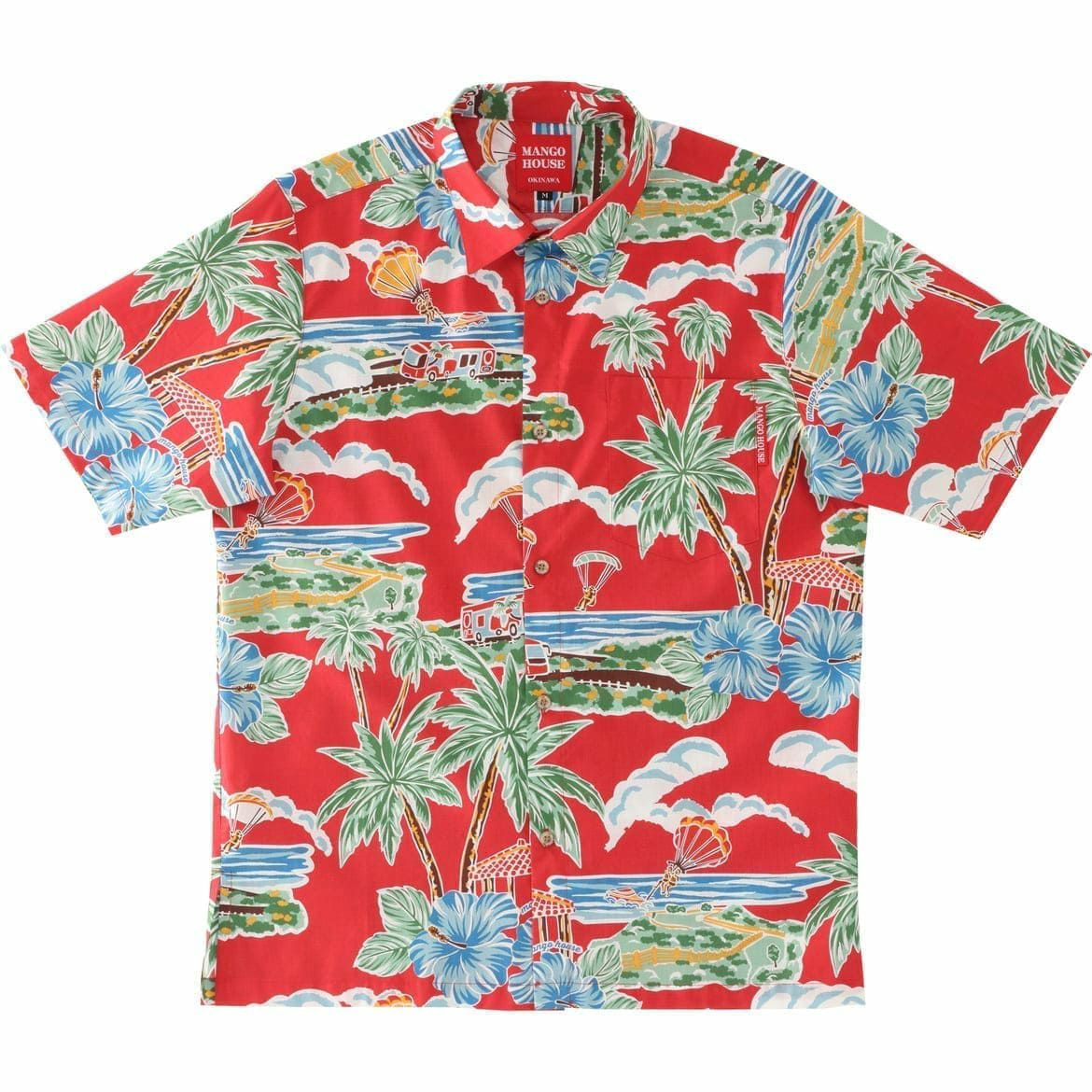 マンゴハウス かりゆしウェア 沖縄柄 レッド ハイビスカスとヤシの木デザイン メンズレギュラーカラーシャツ