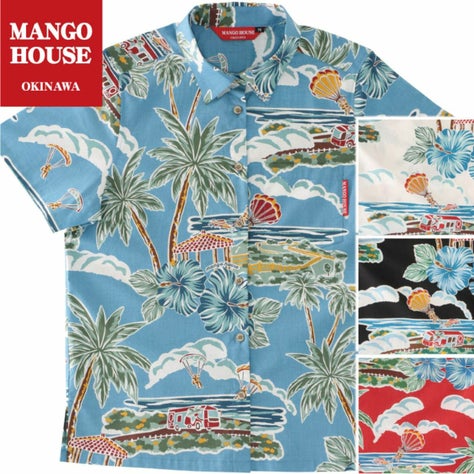 マンゴハウス かりゆしウェア 色展開 アイボリー・ネイビー・ブラック・レッド 南国リゾート柄 レディースシャツ