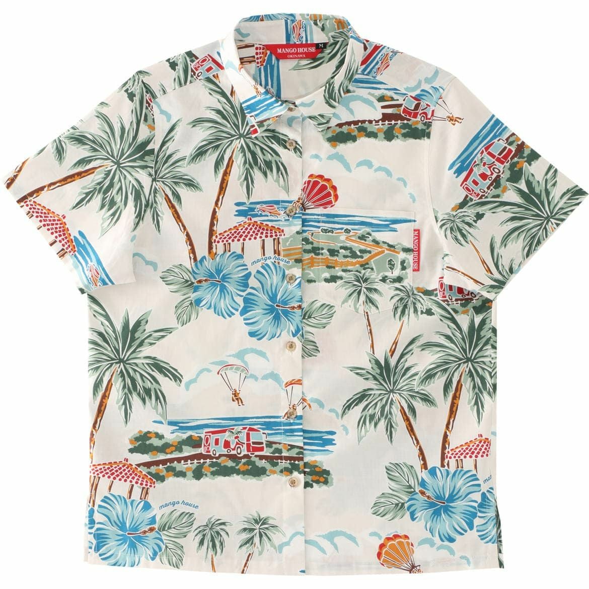 マンゴハウス かりゆしウェア 沖縄柄 アイボリー ハイビスカスとヤシの木デザイン レディースレギュラーカラーシャツ