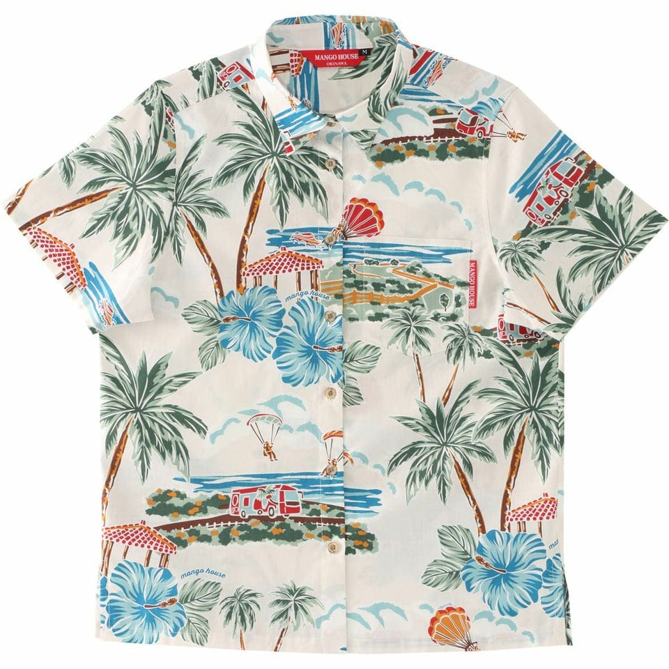 マンゴハウス かりゆしウェア 沖縄柄 アイボリー ハイビスカスとヤシの木デザイン レディースレギュラーカラーシャツ