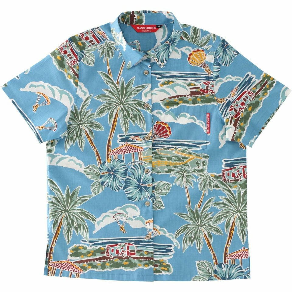 マンゴハウス かりゆしウェア 沖縄柄 ライトブルー ハイビスカスとヤシの木デザイン レディースレギュラーカラーシャツ