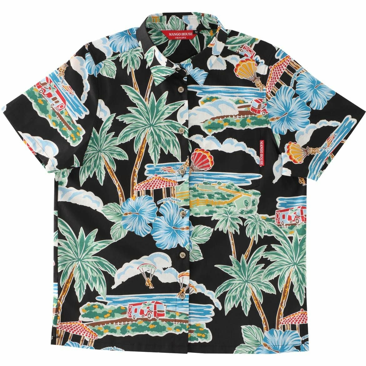 マンゴハウス かりゆしウェア 沖縄柄 ブラック ハイビスカスとヤシの木デザイン レディースレギュラーカラーシャツ