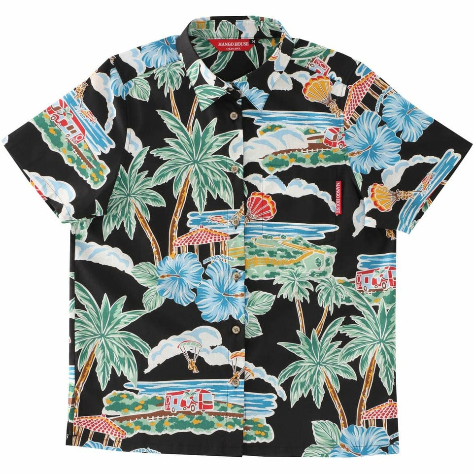 マンゴハウス かりゆしウェア 沖縄柄 ブラック ハイビスカスとヤシの木デザイン レディースレギュラーカラーシャツ