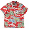 マンゴハウス かりゆしウェア 沖縄柄 レッド ハイビスカスとヤシの木デザイン レディースレギュラーカラーシャツ