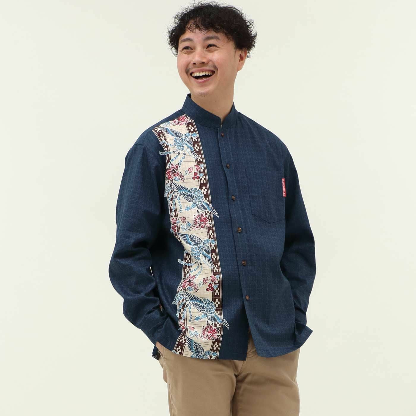 長袖シャツ 紅型鳳凰デイゴ（マオカラー） メンズ かりゆしウェア 沖縄